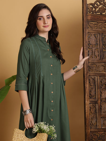 Green Rayon Calf Length Solid A-Line Mandarin Neck Kurta
