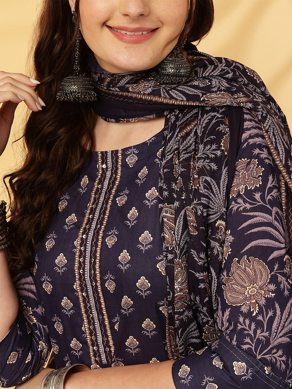 Calf Length Printed Straight 3/4 Sleeves Round Neck Kurta Bottom Dupatta Set