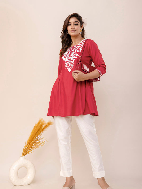 Coral Rayon Hip Length Solid Round Neck Solid Embroidered Straight Top
