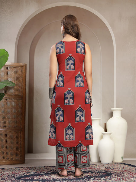 Cotton Calf Length Printed Sleeveless Round Neck Straight Kurta Suit Set
