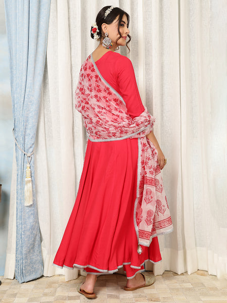 Coral Rayon Calf Length Solid V-Neck Anarkali Kurta Suit Set