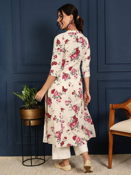 Pink Cotton Flex Calf Length Printed Mandarin  A-Line Coller Kurta