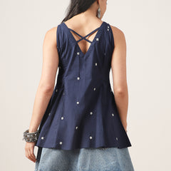 Cotton Hip Length Solid Sleeveless V-Neck Flared Top