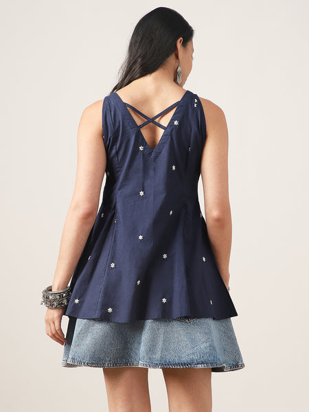 Cotton Hip Length Solid Sleeveless V-Neck Flared Top