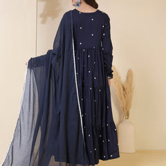 Cotton Ankle  Length Printed Full- Sleeves V-Neck Tired Kurta Suit Set