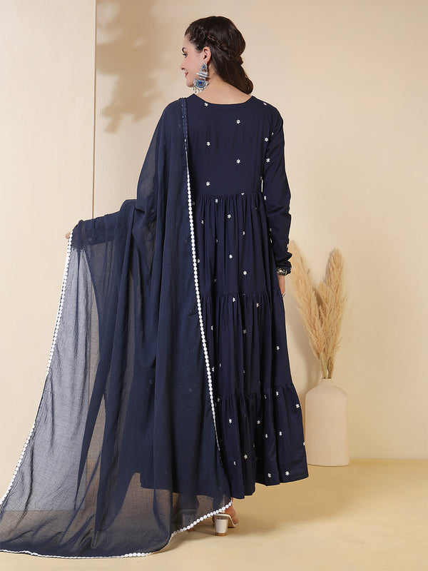 Cotton Ankle  Length Printed Full- Sleeves V-Neck Tired Kurta Suit Set