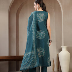 Gulmohar Jaipur Cotton Calf Length Printed Sleeveless Round Neck Straight Kurta Suit Set
