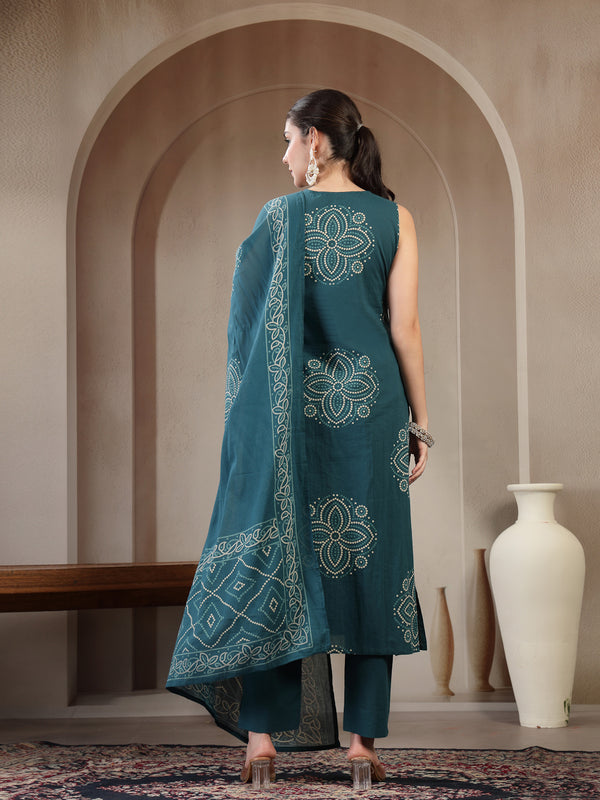 Gulmohar Jaipur Cotton Calf Length Printed Sleeveless Round Neck Straight Kurta Suit Set