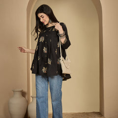 Gulmohar Jaipur Rayon Hip Length Printed 3/4 Sleeves Round Neck Flared Top