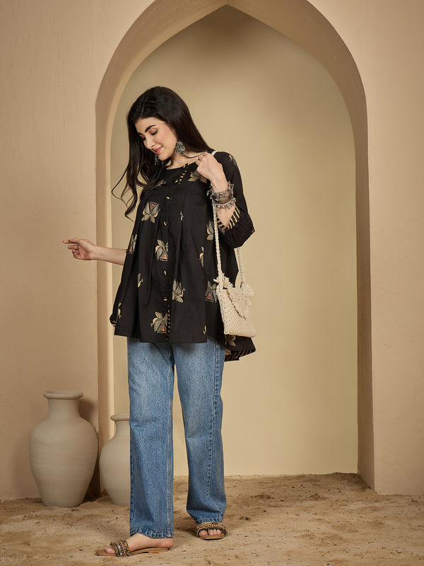 Gulmohar Jaipur Rayon Hip Length Printed 3/4 Sleeves Round Neck Flared Top