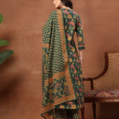 Cotton Calf Length Printed 3/4 Sleeves V-Neck Flared Kurta Suit Set