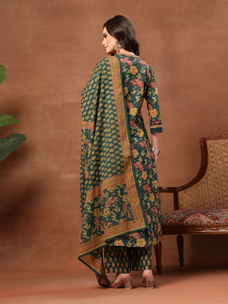 Cotton Calf Length Printed 3/4 Sleeves V-Neck Flared Kurta Suit Set