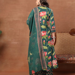 Cotton Calf Length Printed 3/4 Sleeves V-Neck Flared Kurta Suit Set