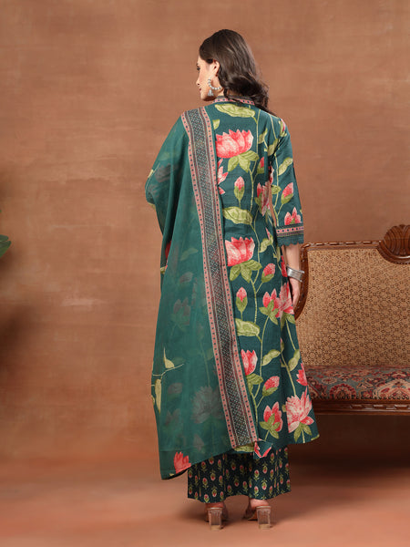 Cotton Calf Length Printed 3/4 Sleeves V-Neck Flared Kurta Suit Set