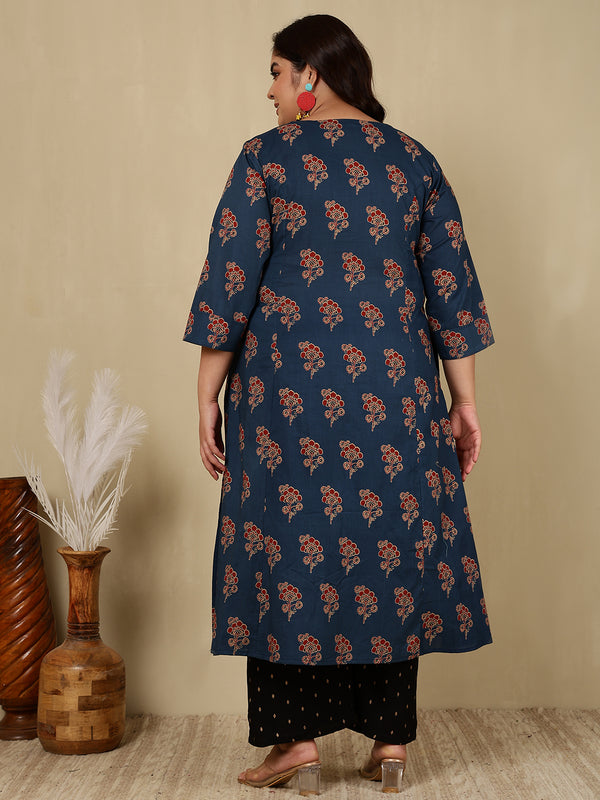 Cotton Calf Length Printed Straight 3/4 Sleeves Round Kurta Suit Set (Plus+)