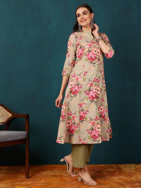 Cotton Flex  Calf length Length Floral  Straight 3/4 Sleeves V  Kurta