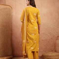 Gulmohar Jaipur Rayon Calf Length Printed 3/4 Sleeves V-Neck Straight Kurta Suit Set