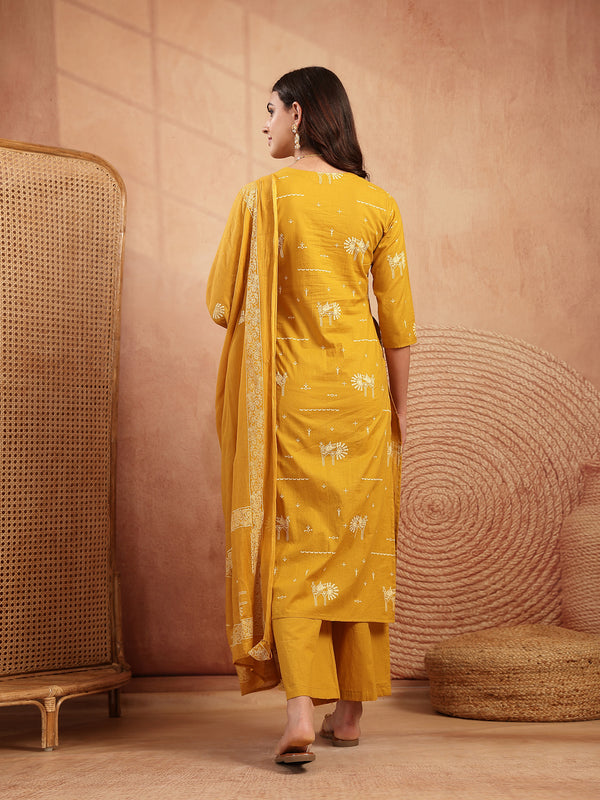 Gulmohar Jaipur Rayon Calf Length Printed 3/4 Sleeves V-Neck Straight Kurta Suit Set
