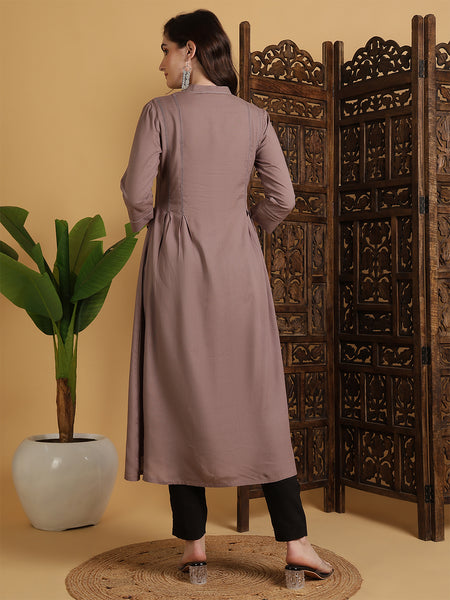 Light Brown Rayon Calf Length Solid A-Line Mandarin Neck Kurta