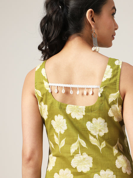 Cotton Hip Length Printed Sleeveless Square Neck Straight Top