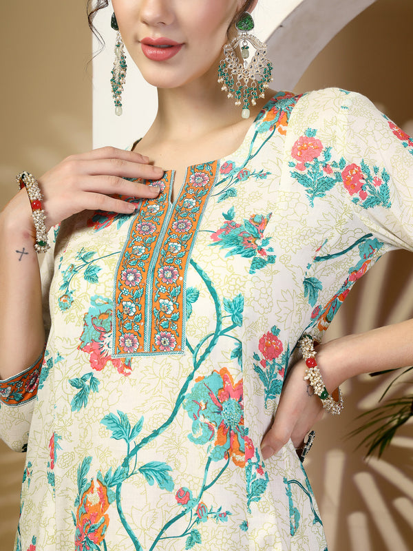 Off White Printed Cotton Kurta Suit Set