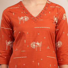 Gulmohar Jaipur Rayon Calf Length Printed 3/4 Sleeves V-Neck Straight Kurta Suit Set