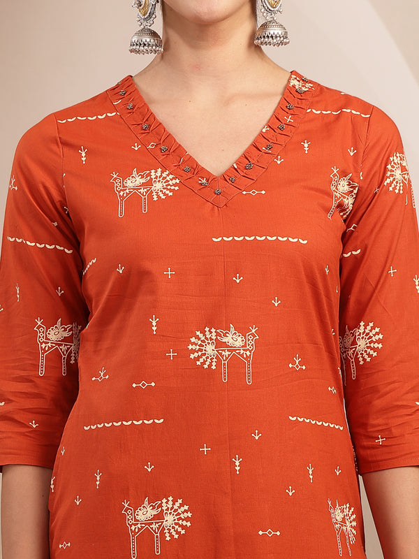 Gulmohar Jaipur Rayon Calf Length Printed 3/4 Sleeves V-Neck Straight Kurta Suit Set