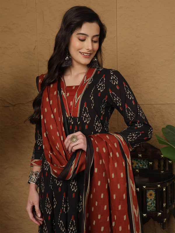 Black Pure Cotton Printed Hand-Work V-Neck Semi-Flared Kurta Suit Set