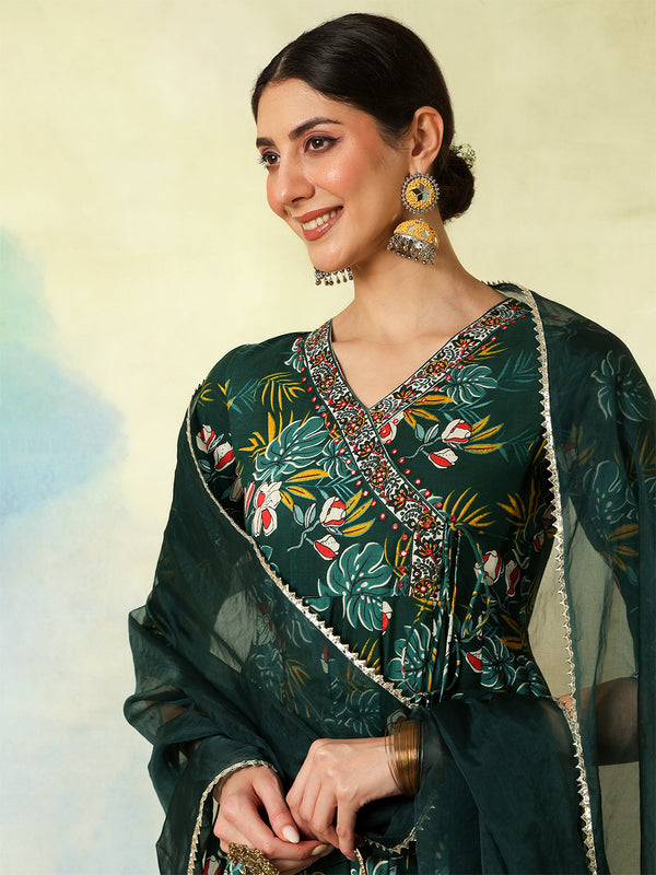 Black Pure Cotton Printed hand-Work Anarkali Kurta Suit Set
