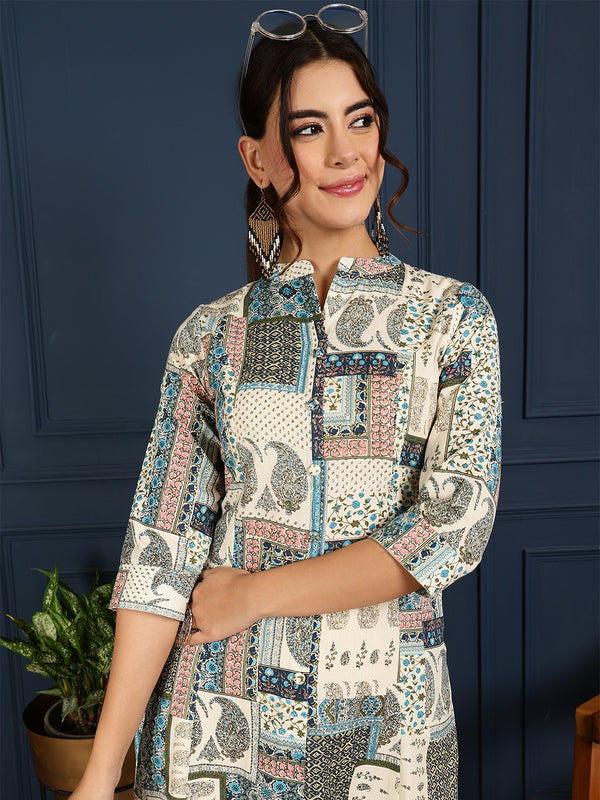 Blue Cotton Flex Calf Length Printed Mandarin Coller A-Line Kurta