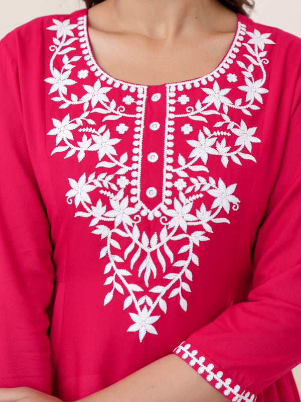 Rani Rayon Hip Length Solid Round Neck Solid Embroidered Straight Top