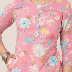 Cotton Calf Length Printed 3/4 Sleeve Round Neck Straight Kurta