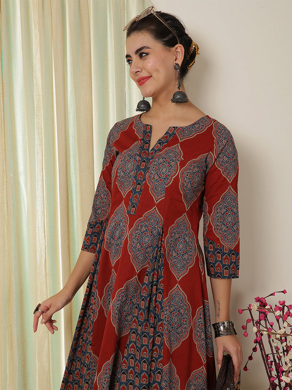 Maroon Cotton Calf Length Printed Flared Round Neck Kurta Palazzo Set