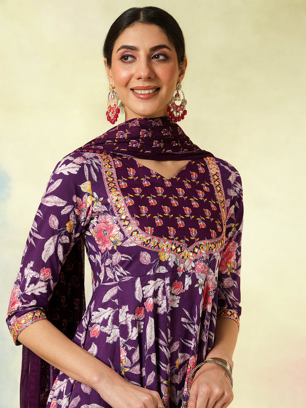 Black Pure Cotton Printed Embroidered Anarkali Kurta Suit Set