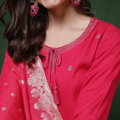 Pink Rayon Calf Length Solid 3/4 Sleeves Round Neck Straight Kurta Suit Set