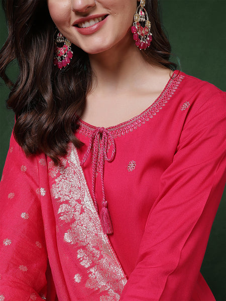 Pink Rayon Calf Length Solid 3/4 Sleeves Round Neck Straight Kurta Suit Set