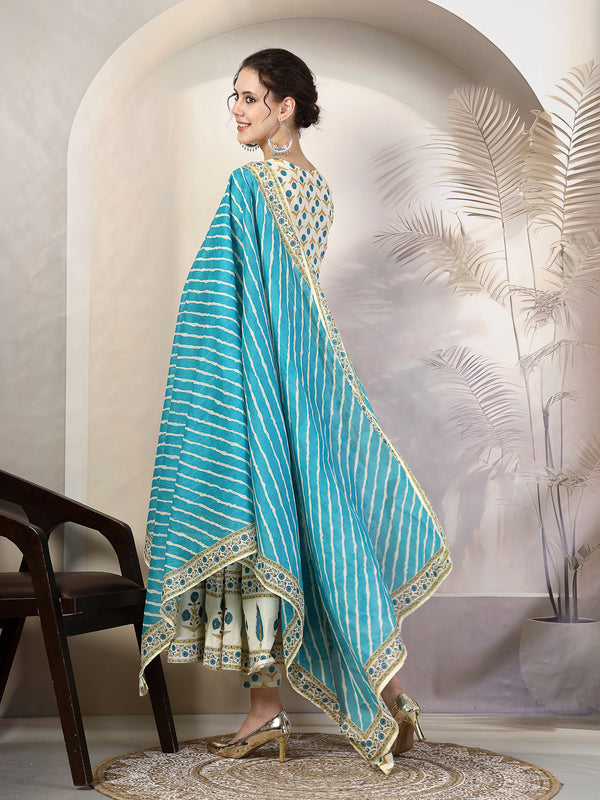 Rama Cotton Calf Length Printed Round Neck Anarkali Kurta Suit Set