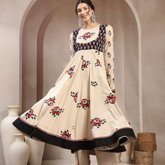 Cotton Calf Length Printed Full Sleeve Round Neck Flared Kurta