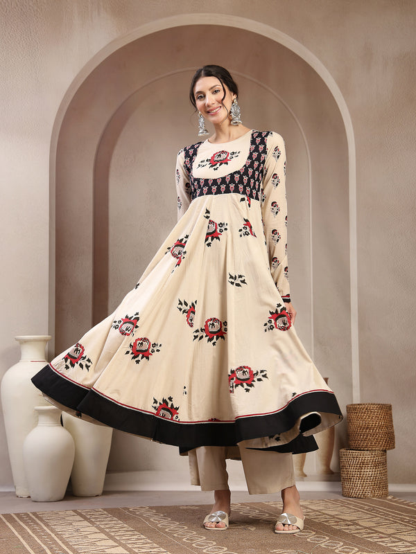 Cotton Calf Length Printed Full Sleeve Round Neck Flared Kurta