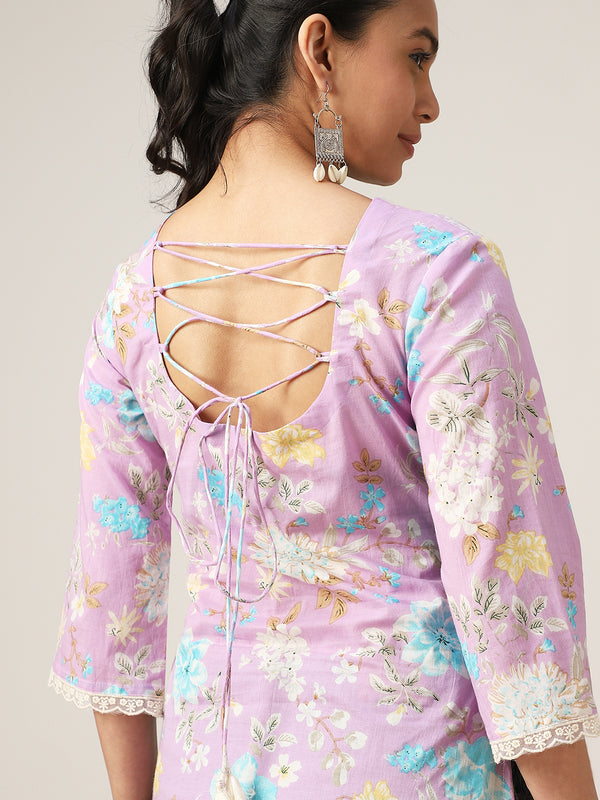 Cotton Hip Length Printed 3/4 Sleeve V-Neck Straight Top