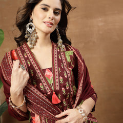 Cotton Calf Length Printed 3/4 Sleeves V-Neck Flared Kurta Suit Set