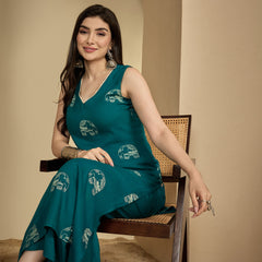 Gulmohar Jaipur Rayon Calf Length Printed Sleeveless V-Neck Straight Kurta Suit Set