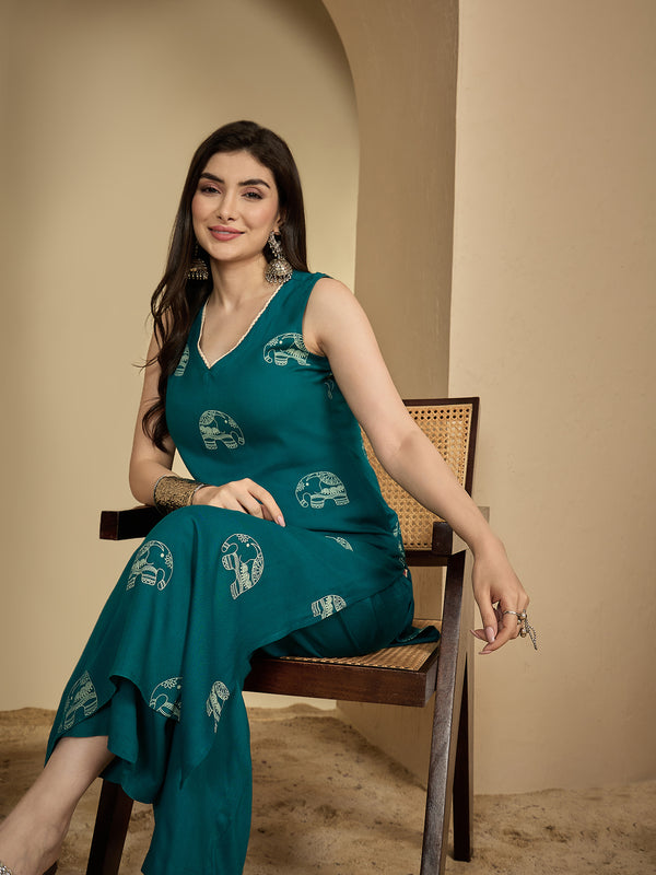 Gulmohar Jaipur Rayon Calf Length Printed Sleeveless V-Neck Straight Kurta Suit Set