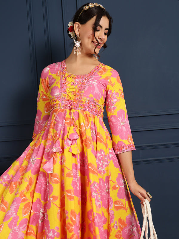 Yellow Cotton Ankle Length Printed V-Neck  Anarkali Gown