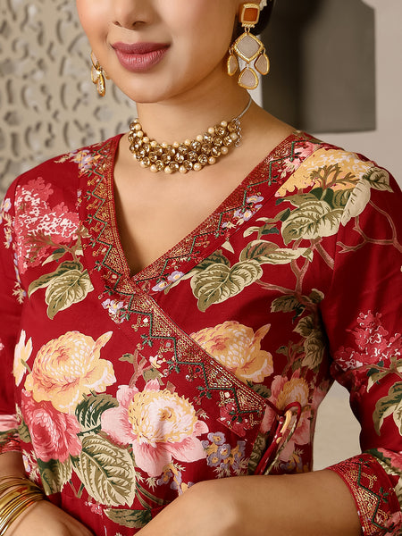 Maroon Cotton Calf Length Printed V-Neck Anarkali Kurta Suit Set
