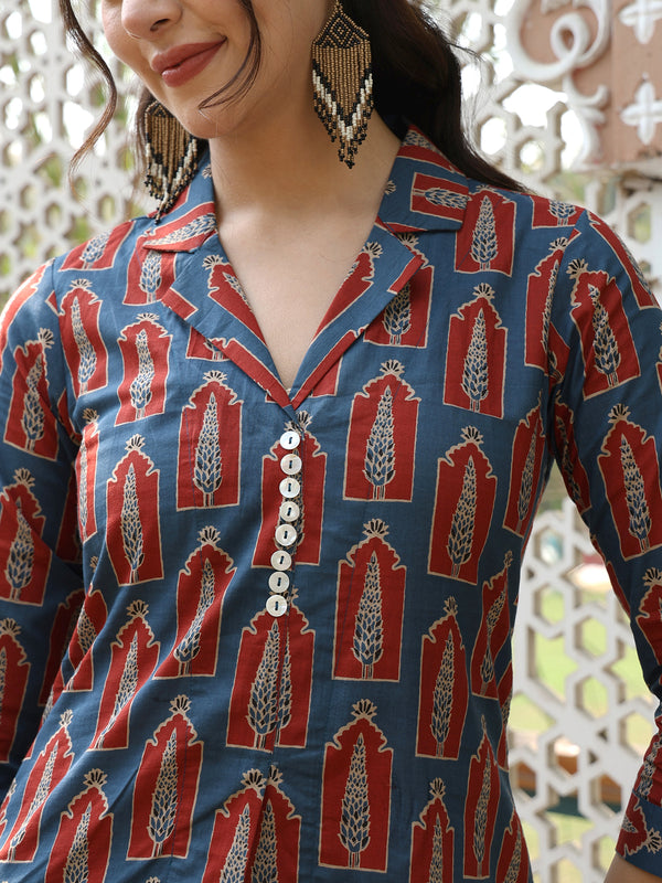 Blue Cotton Calf Length Printed A-Line Shirt Collar Kurta Palazzo Set