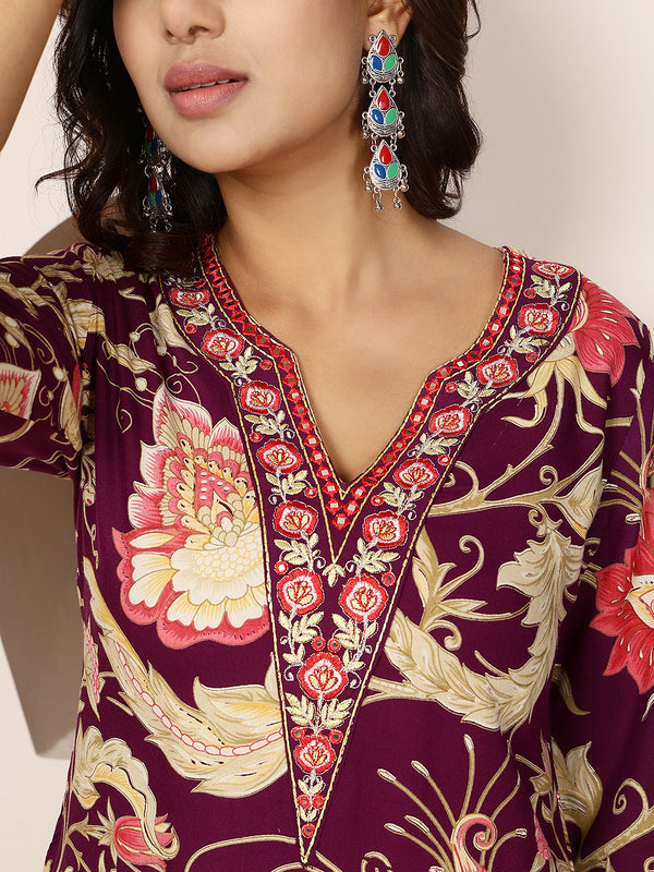 Purple Rayon Calf Length Printed V-Neck Straight Kurta