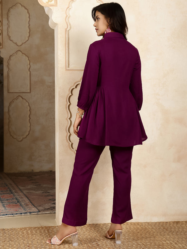 Purple Rayon Hip Length Solid Shirt Coller Flared Kurta Pant Set