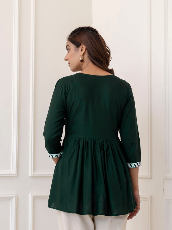 Bottle Green Rayon Hip Length Solid V-Neck Solid Embroidered Semi-Flared Top