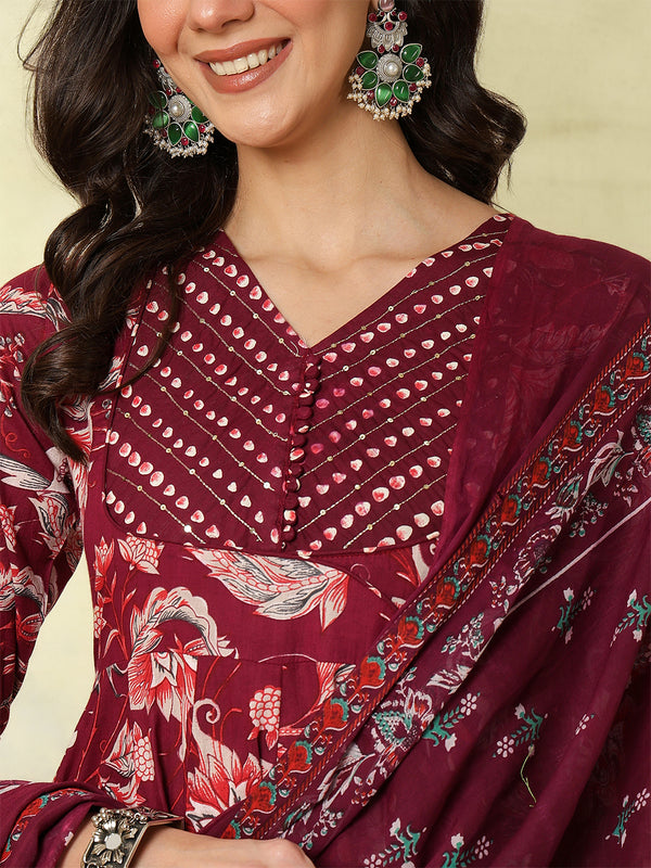 Maroon Pure Cotton Printed Hand-Work Anarkali Kurta Suit Set